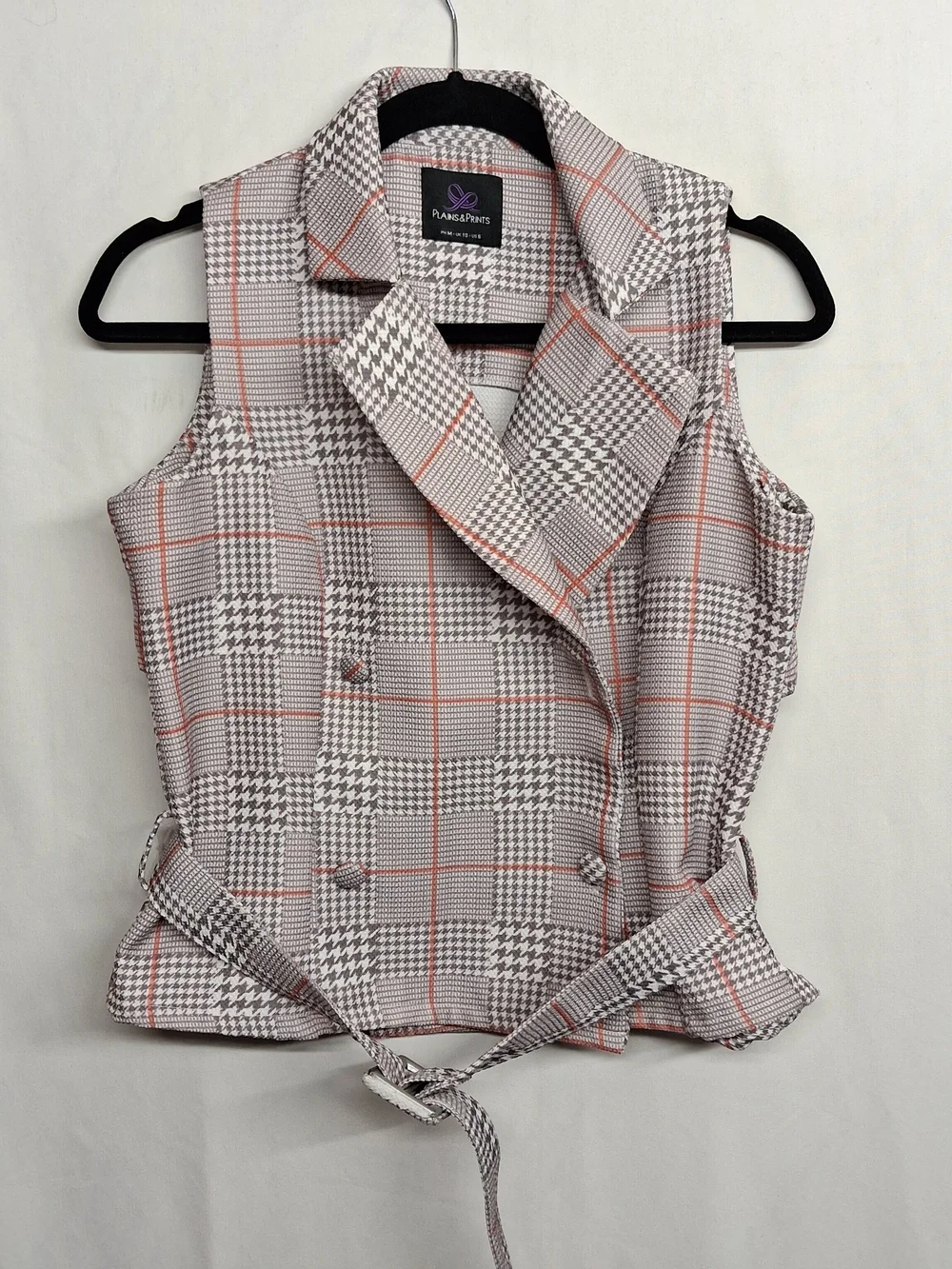 PLAINS & PRINTS Plaid Vest Jacket Sleeveless Belted Houndstooth Gray White 6